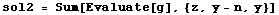 sol2 = Sum[Evaluate[g], {z, y - n, y}]